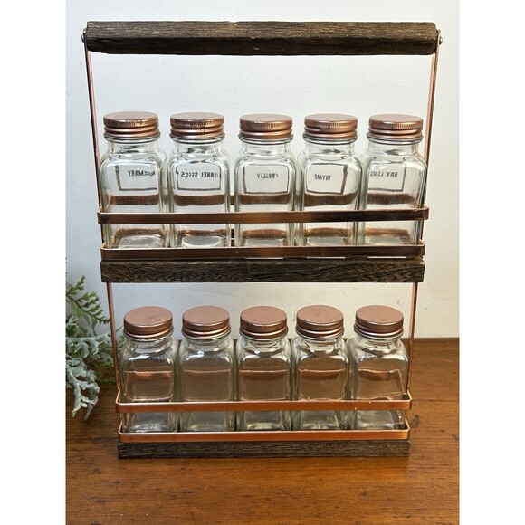 Vintage-esque Copper & Wood Spice Rack Urban Gourmet 10 Glass Jars - Picture 6 of 11